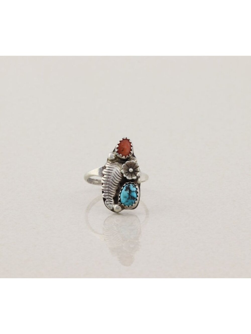 Sterling Silver Natural Turquoise & Coral Ring Size 7 3/4 - Picture 5 of 7